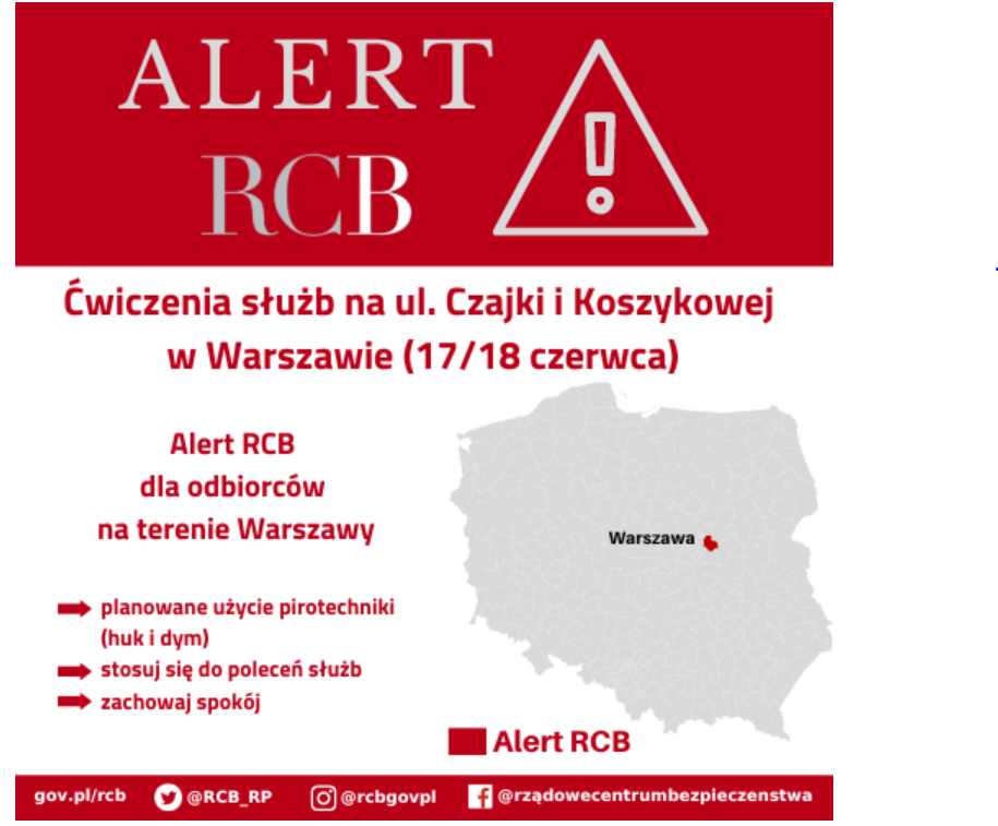 Alert RCB wysłany do mieszkańców Warszawy i okolic