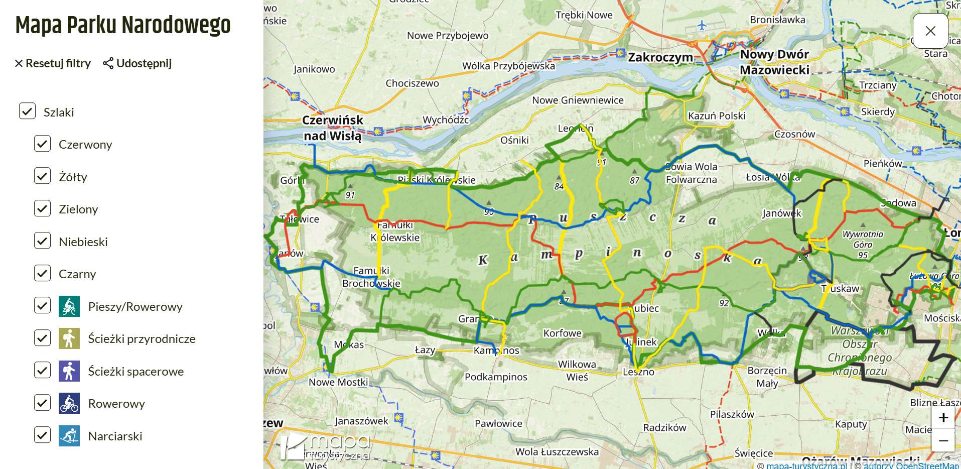 Mapa szlaków w Kampinoskim Parku Narodowym