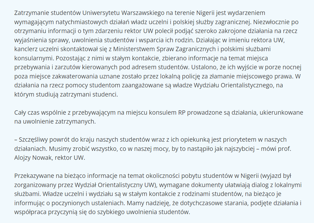 Komunikat Uniwersytetu Warszawskiego w sprawie studentów zatrzymanych w Nigerii