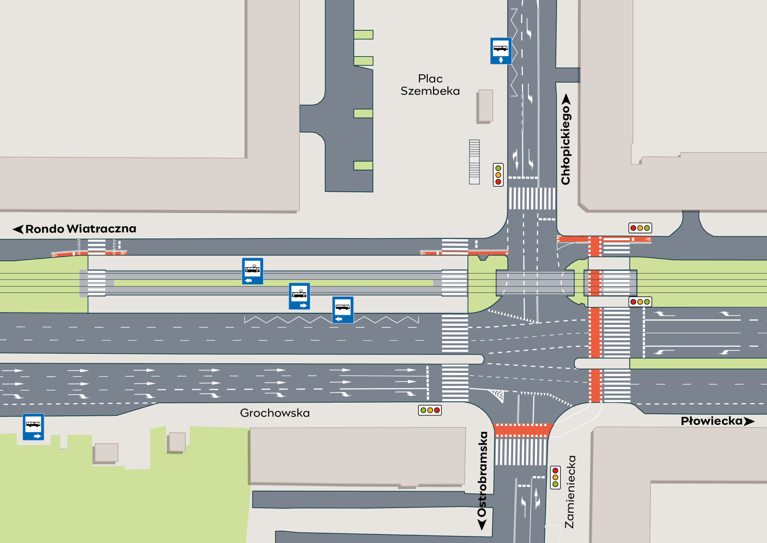 Grochowska przy placu Szembeka po przebudowie