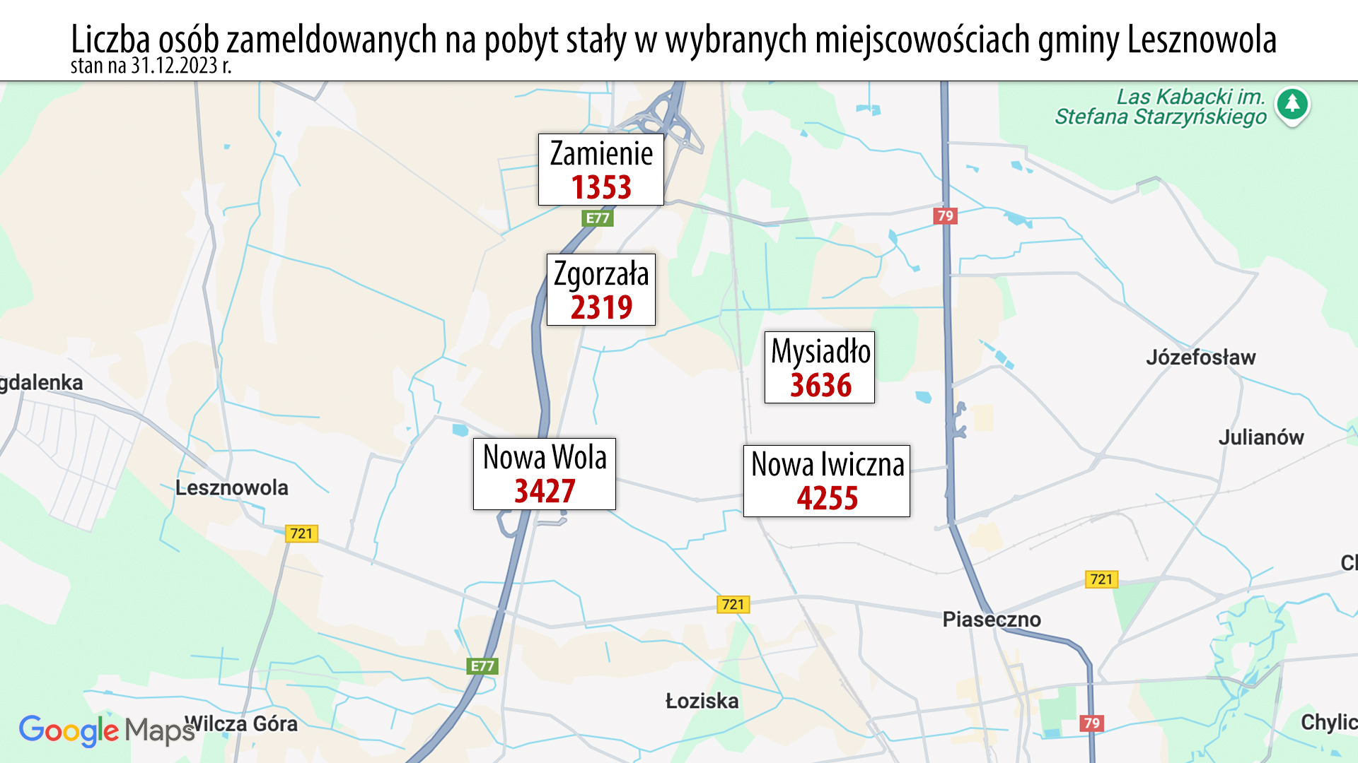 Liczba osób zameldowanych na pobyt stały w wybranych miejscowościach gminy Lesznowola–stan na 31.12.2023 r. 