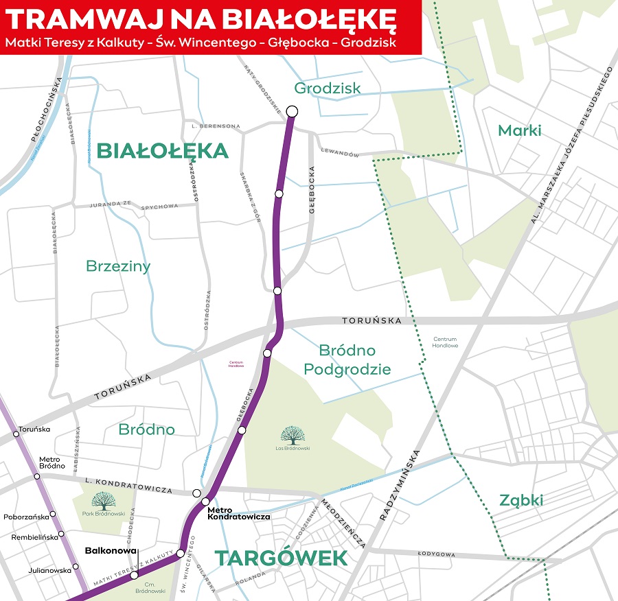 Przebieg trasy tramwaju na Zieloną Białołękę