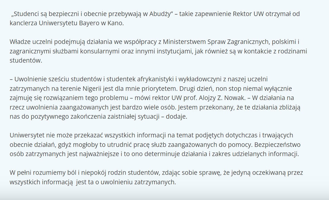 Komunikat Uniwersytetu Warszawskiego w sprawie studentów zatrzymanych w Nigerii