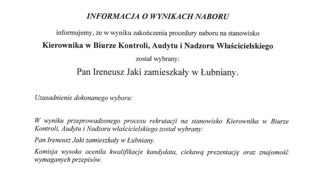 Informacja o wynikach naboru