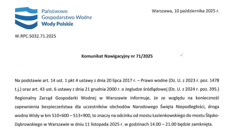 Komunikat Nawigacyjny Regionalnego Zarządu Gospodarki Wodnej w Warszawie