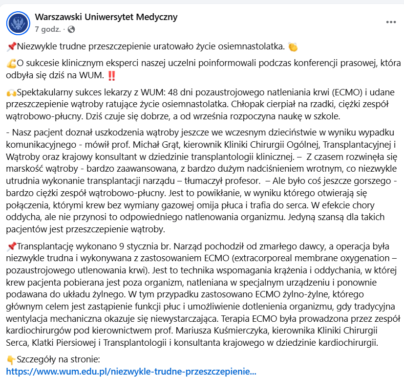 WUM: niezwykle trudne przeszczepienie uratowało życie osiemnastolatka