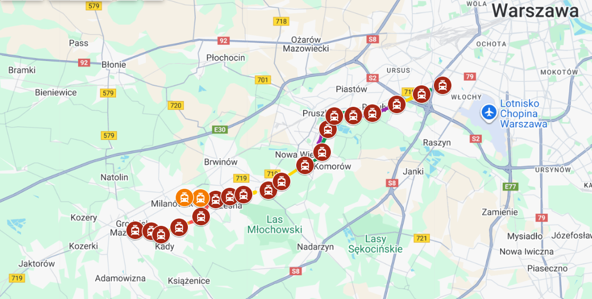 Mapa trasy rowerowej wzdłuż linii WKD