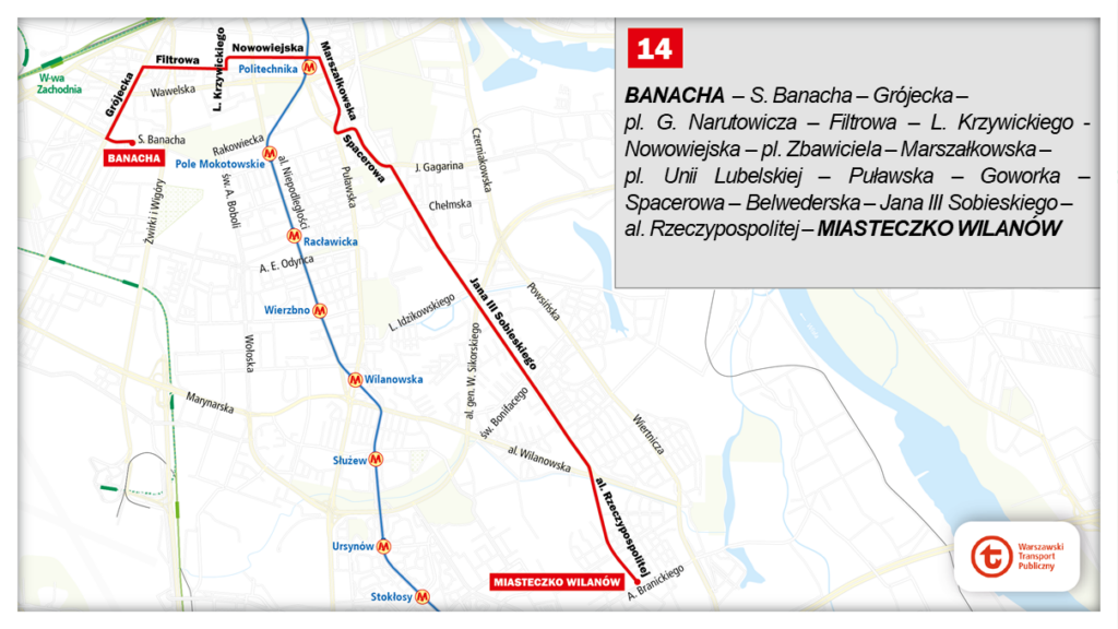 14: BANACHA – S. Banacha – Grójecka – pl. G. Narutowicza – Filtrowa – L. Krzywickiego – Nowowiejska – pl. Zbawiciela – Marszałkowska – pl. Unii Lubelskiej – Puławska – Goworka – Spacerowa – Belwederska – Jana III Sobieskiego – al. Rzeczypospolitej – MIASTECZKO WILANÓW