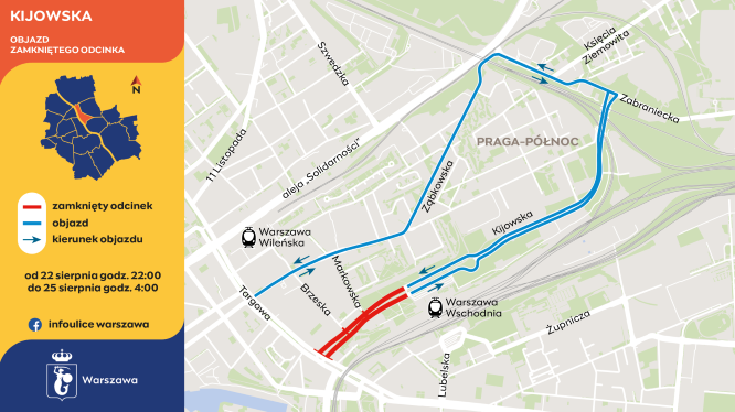Frezowanie na Kijowskiej - objazd zamkniętego odcinka