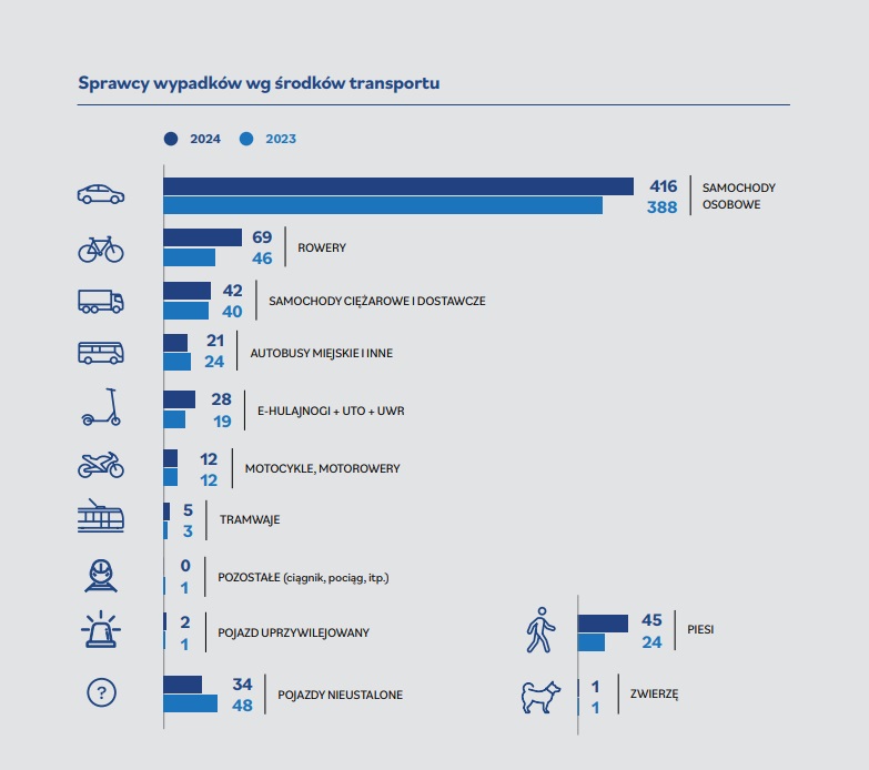 Sprawcy wypadków z podziałem na środki transportu 