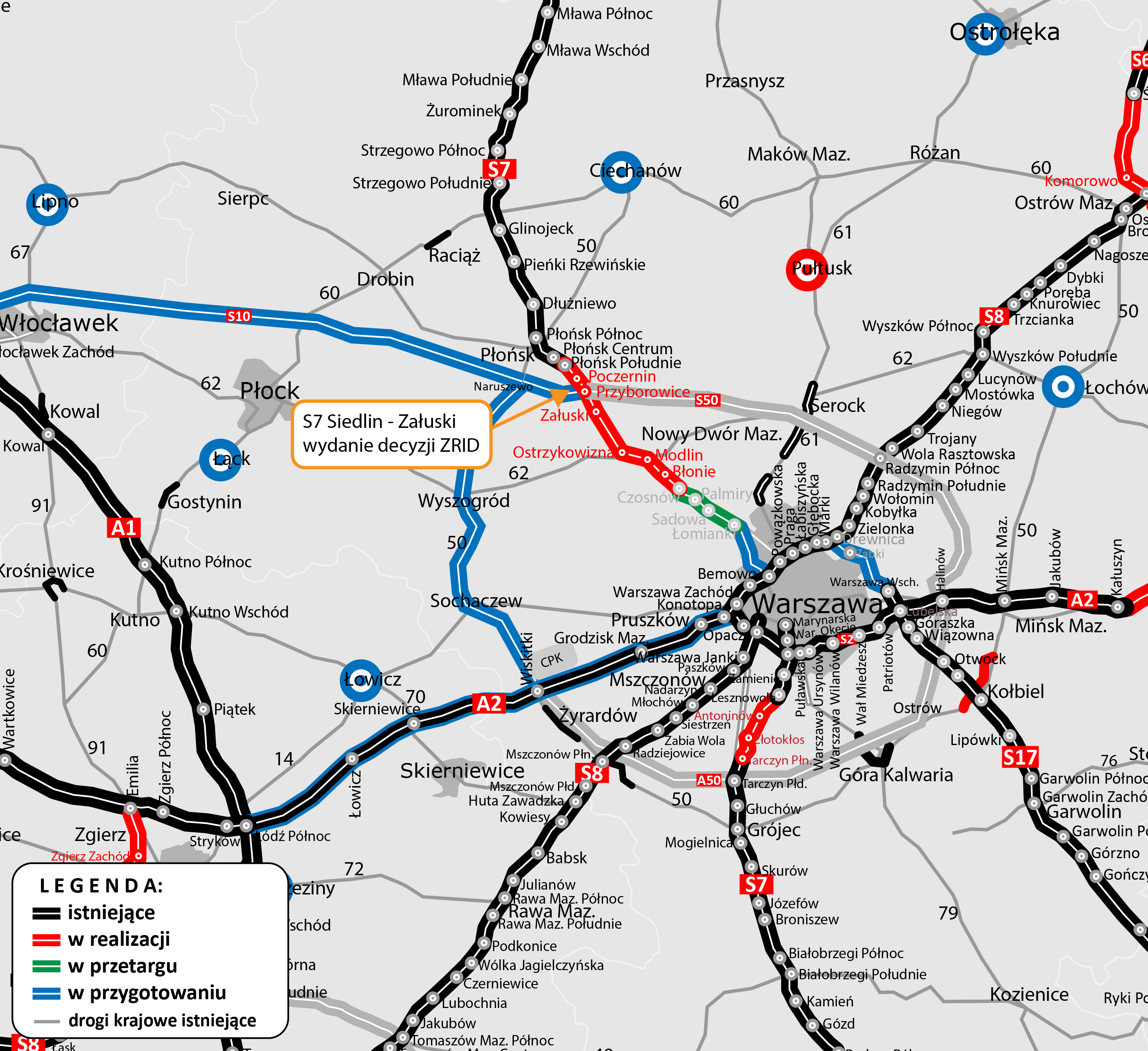 Mapa sieci dróg krajowych województwa mazowieckiego