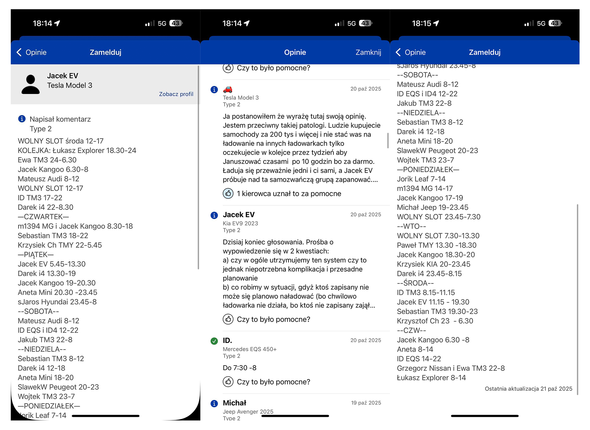 Screeny komentarzy z aplikacji Plugshare