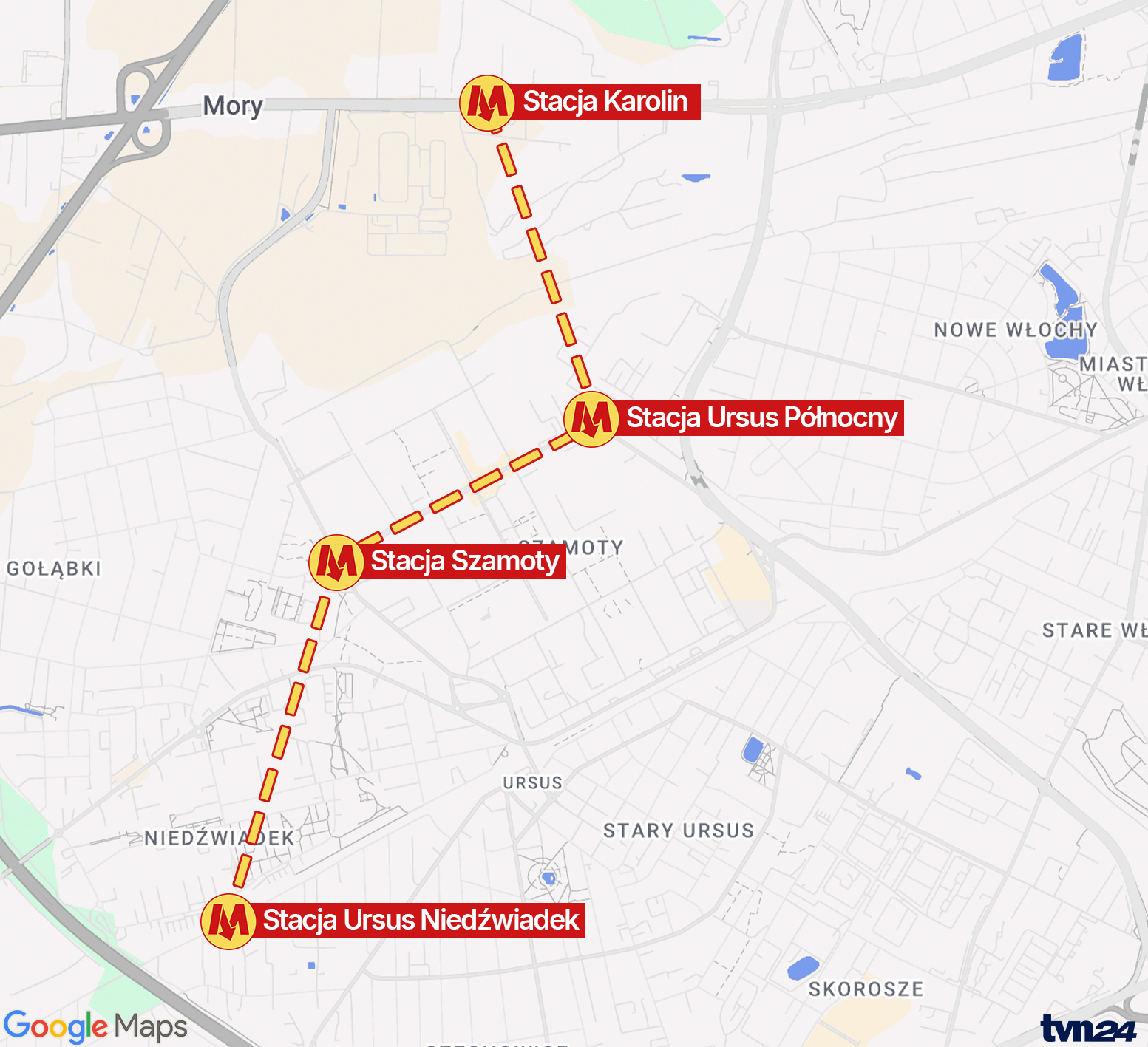 Orientacyjny przebieg linii M2 ze stacji Karolin do stacji Ursus Niedźwiadek