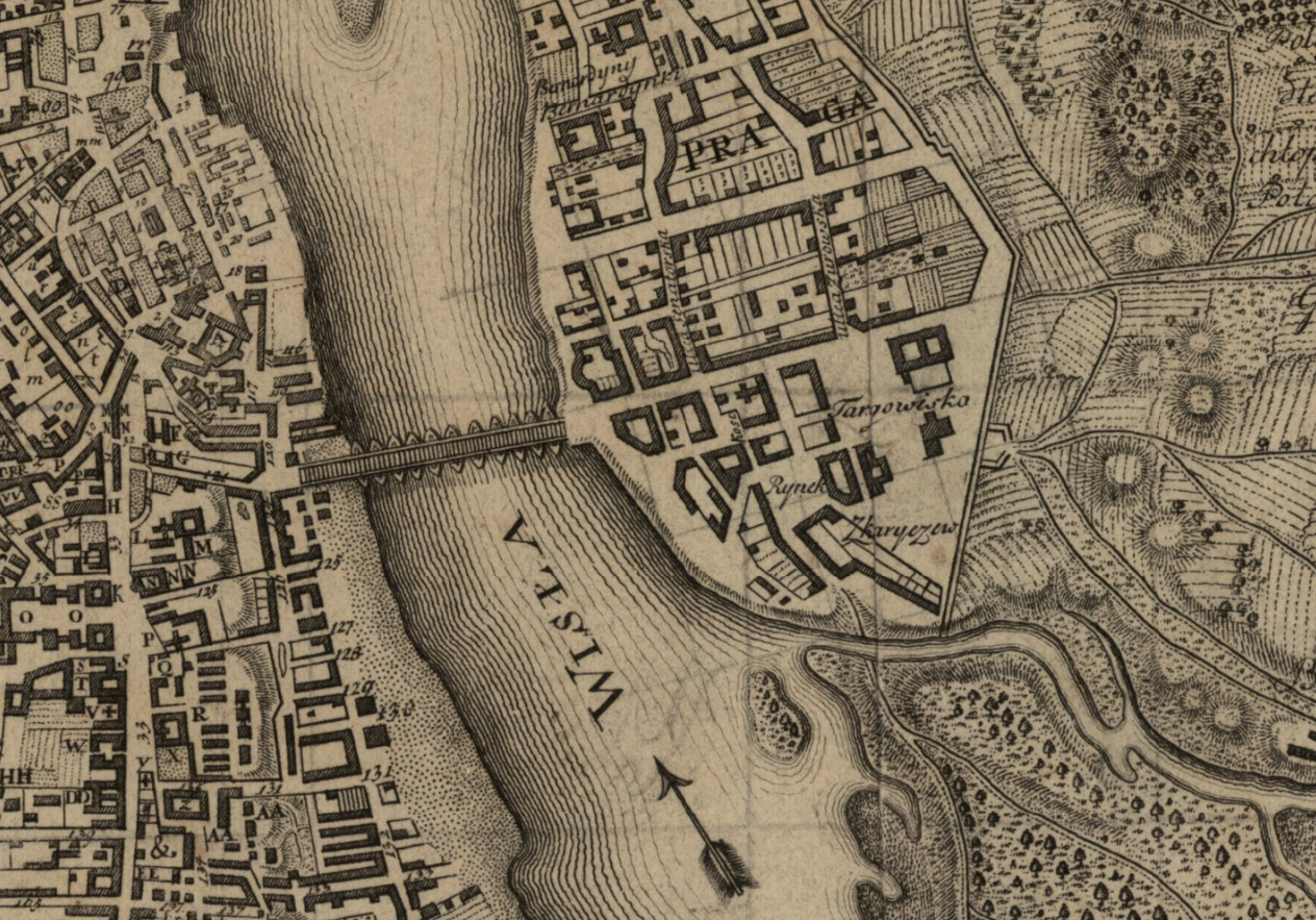 Fragment "Planu miasta Warszawy z przedmieściami" wydanego w 1779 roku przez M.Grolla. Widoczny Skaryszew z kościołem i targowiskiem oraz łyżwowy most Ponińskiego