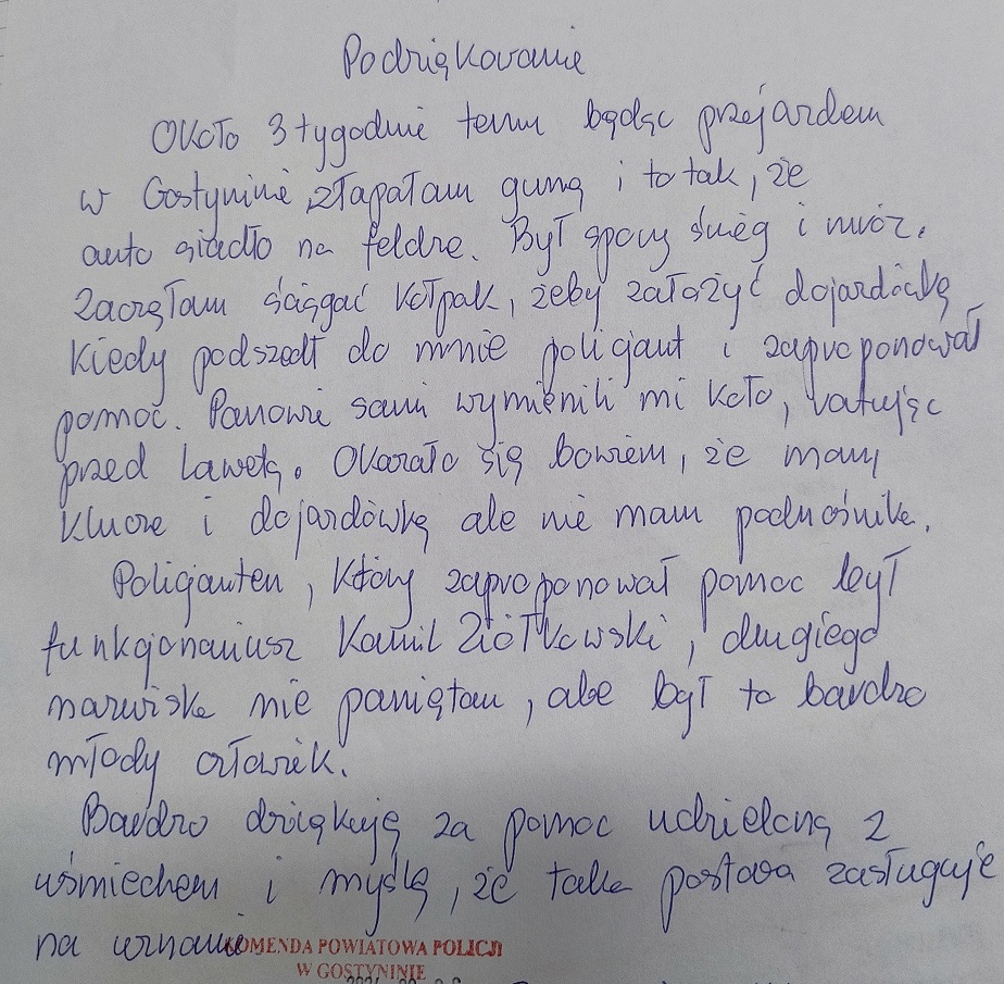 List z podziękowaniami za drogową pomoc