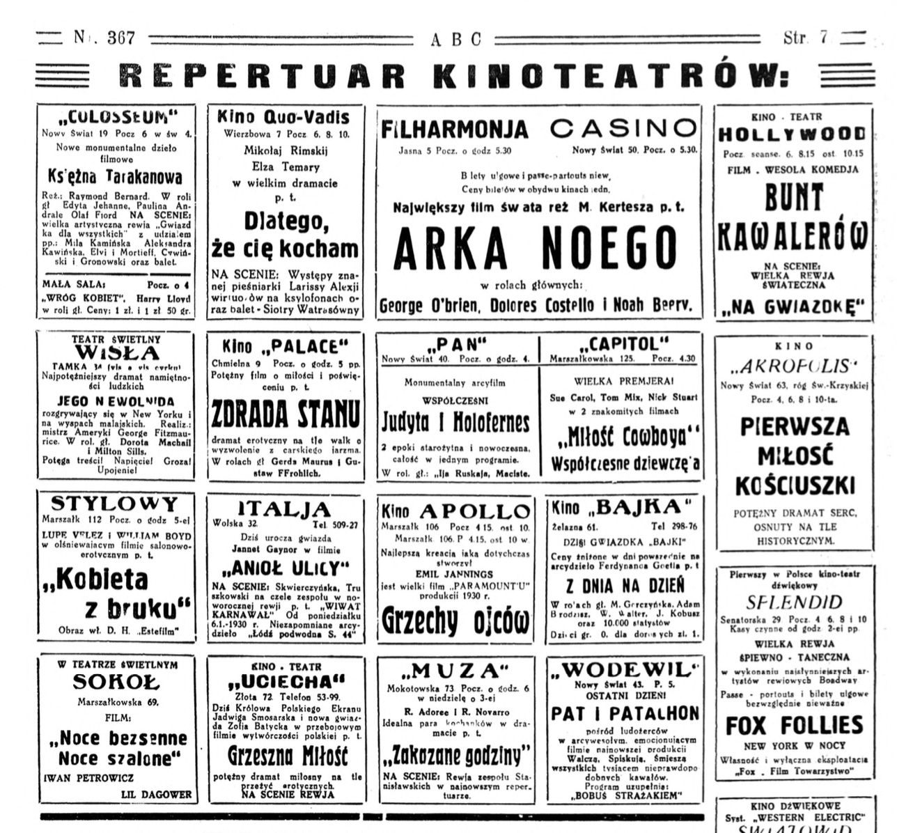 Sylwestrowy repertuar kinoteatrów z 1929 roku