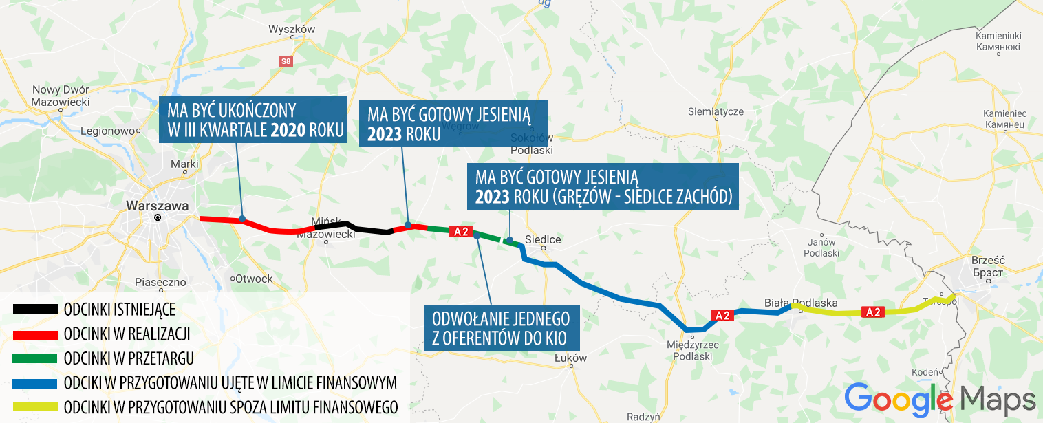 Odcinki autostrady A2 na wschód od Warszawy