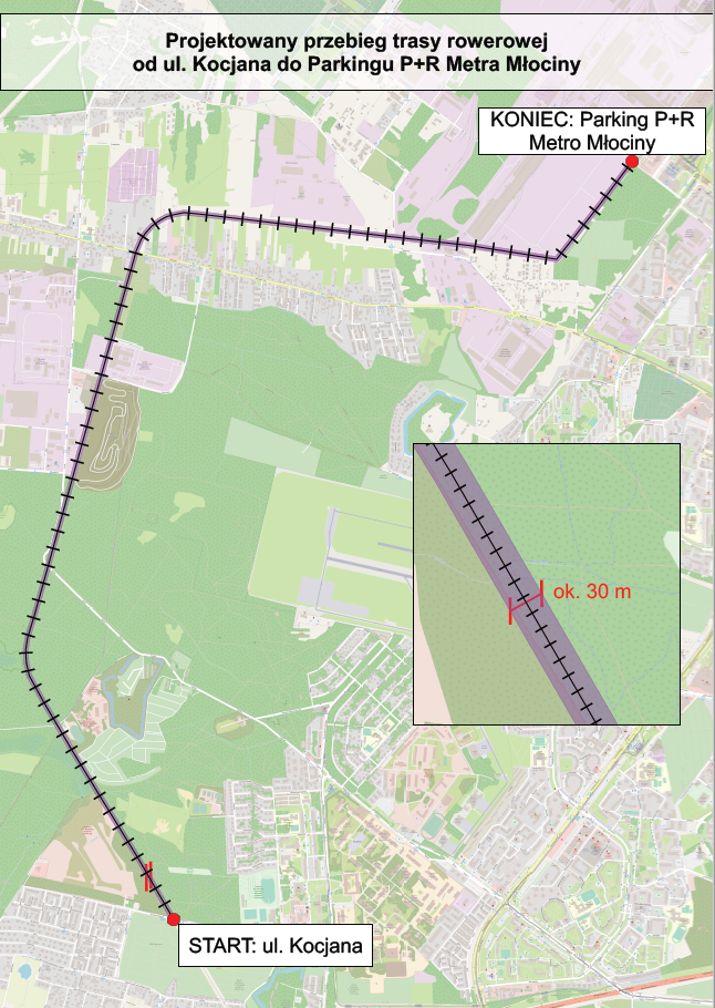 Projektowany przebieg rowerostrady do Lasu Bemowskiego