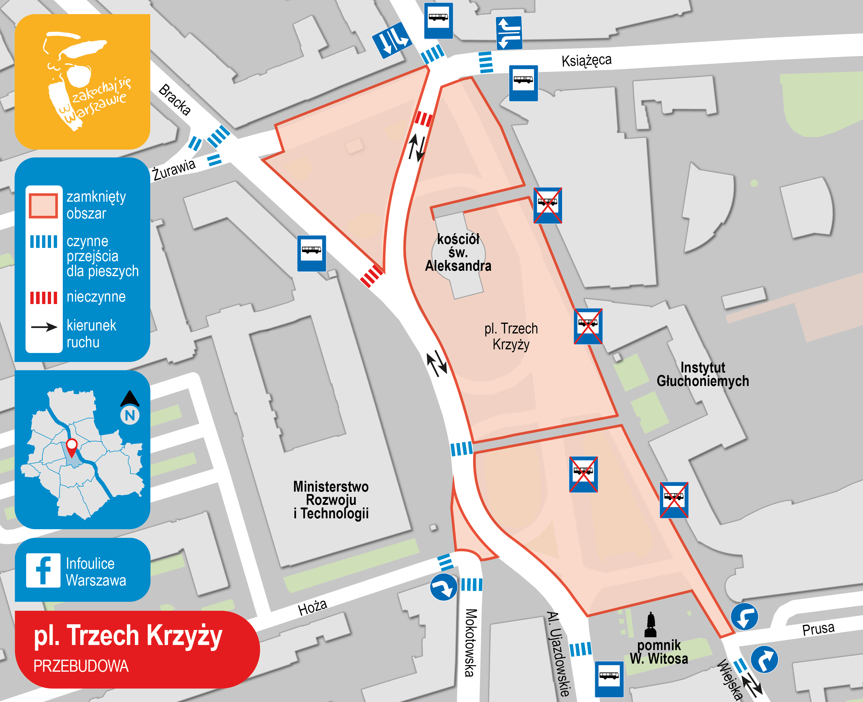 Przebudowa placu Trzech Krzyży - zmiany w ruchu