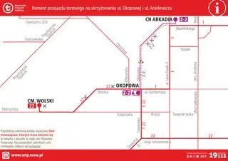 Schemat linii tramwajowych podczas remontu