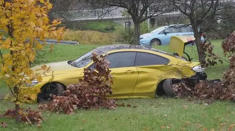 Złote BMW na pasie zieleni, skosiło trzy drzewa. "Samochód się zepsuł"