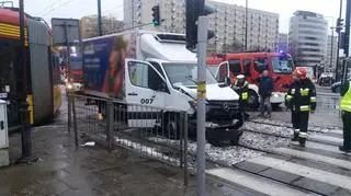 Zderzenie ciężarówki i tramwaju