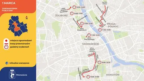 Warszawa. Narodowy Dzień Pamięci "Żołnierzy Wyklętych". Marsze i zgromadzenia. Mapa utrudnień