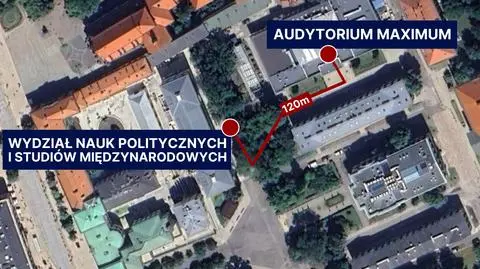 Odległość między Audytorium Maximum a Gmachem Audytoryjnym WNPiSM