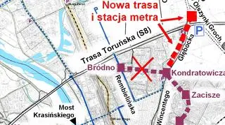 Mapka ilustrująca projekt udostępniona przez radnego Białołęki Waldemara Roszaka