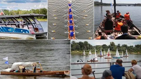 Parada łodzi, chodzenie nad wodą. Święto Wisły z polską flagą w tle