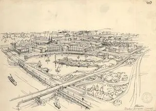 Port Praski, w tle sylwetka kościoła św. Floriana, rys. Jan Knothe, 1956 r