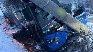 Autobus zjechał z drogi i uderzył w słup