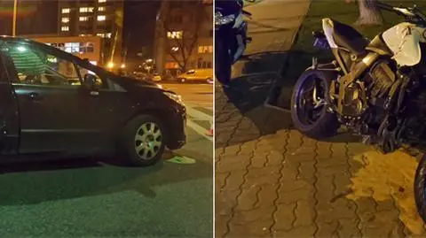 Nocny wypadek na Grochowskiej. Motocykl wbił się w peugeota