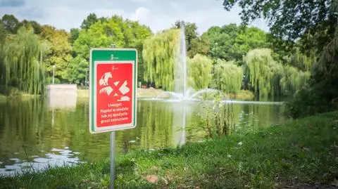 Tabliczki ostrzegające w parku Promenada