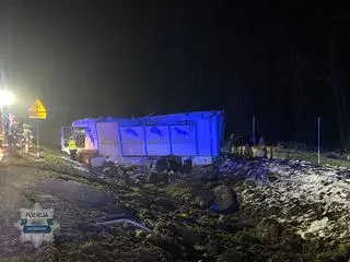 Ciężarówka z krowami zjechała do rowu