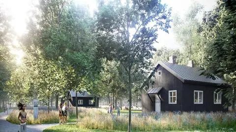 Wizualizacja odtworzonych domków fińskich na Polu Mokotowskim