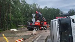 Przewoził krowy, auto przewróciło się na rondzie