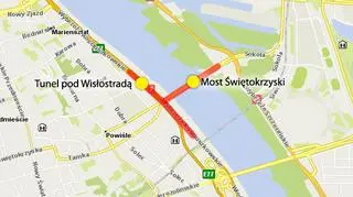 Zamknięty most Świętokrzyski i tunel Wisłostrady