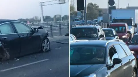 Most Grota stanął w korku po zderzeniu tira z hondą