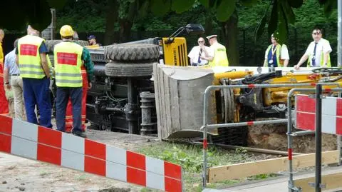 Koparka na boku, ranny pracownik budowy