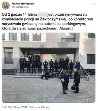 O zatrzymaniu 14-latki poinformował na Twitterze poseł KO Franek Sterczewski