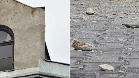 Tynk ze starej kamienicy runął na chodnik