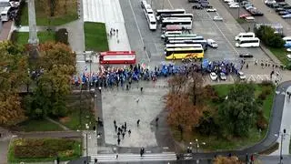 The protesters gathered in front of the Palace of Culture and Science