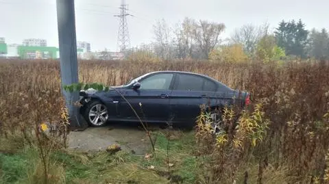 Zjazd z drogi, rajd przez chaszcze, finał na słupie