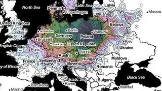 Mapa pokazująca czas podróży koleją po Europie