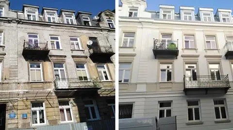 Kwiatowe rozetki na klatce schodowej, ozdobne elementy schodów, historyczne drzwi do mieszkań