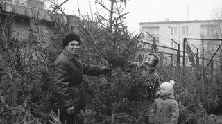 Kobieta z dzieckiem oglądają choinkę na bazarze przed Halami Mirowskimi w 1979 roku