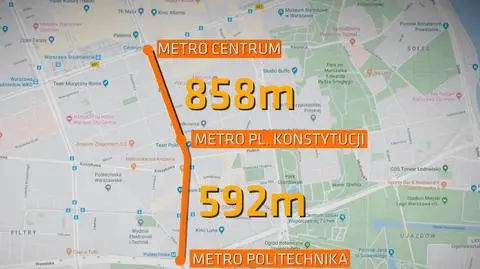 Odległość między istniejącą stację "Centrum" a nową "Plac Konstytucji"