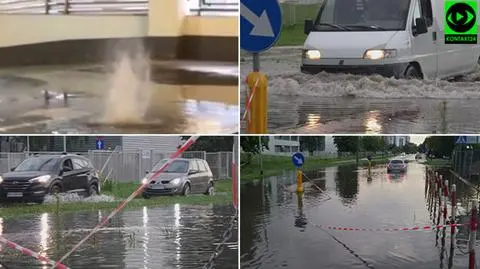 Ulice pod wodą, gejzer na parkingu. Strażacy pracowali do późnej nocy