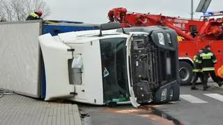 Ciężarówka z trzodą chlewną przewróciła się na rondzie